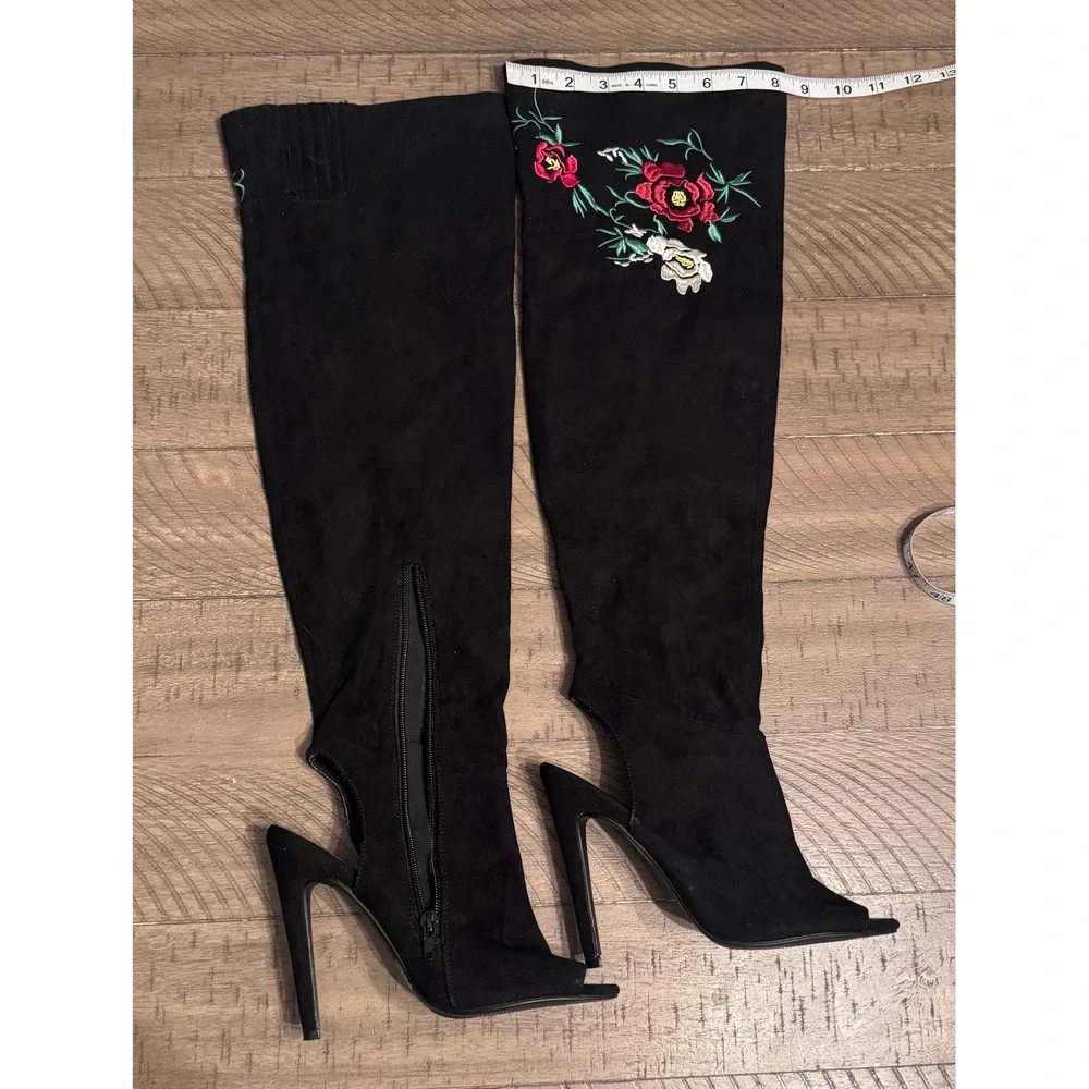 Qupid Black Floral Embroidered Over The Knee Boots Heel Stiletto Suede Size6.5-7